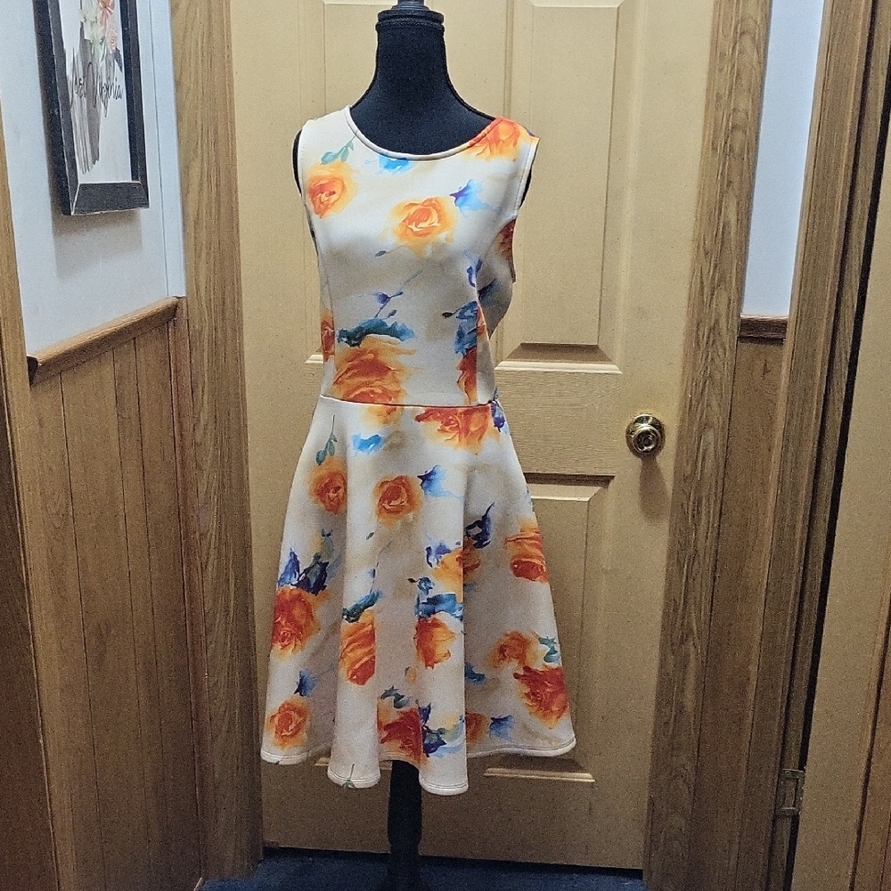 Floral Sleeveless Midi Dress - Orange and Blue